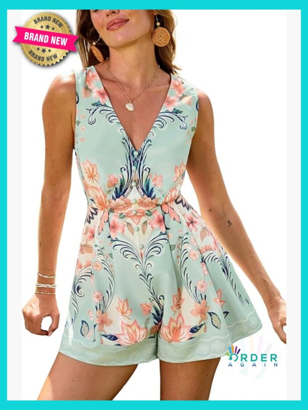 Floral Print V-Neck Sleeveless Romper with High Waist Summer One Piece